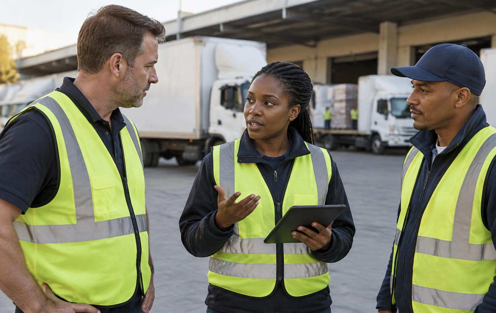 An operations supervisor talking with two colleagues at a logistics depot