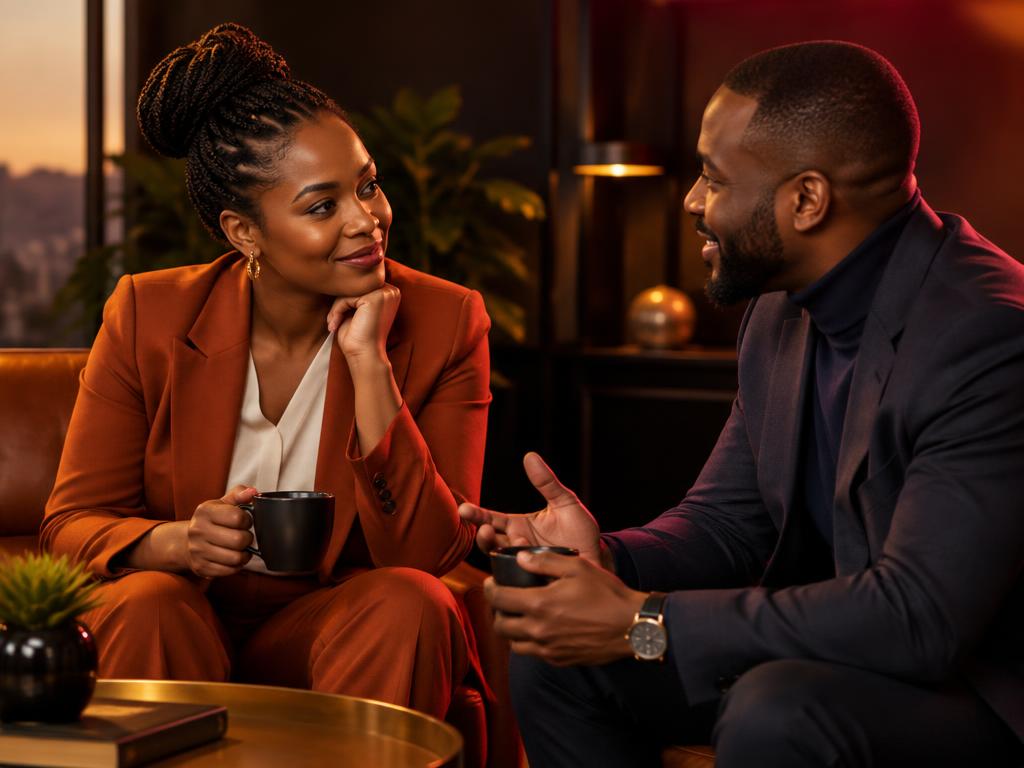 Two colleagues in a warm, supportive conversation over coffee