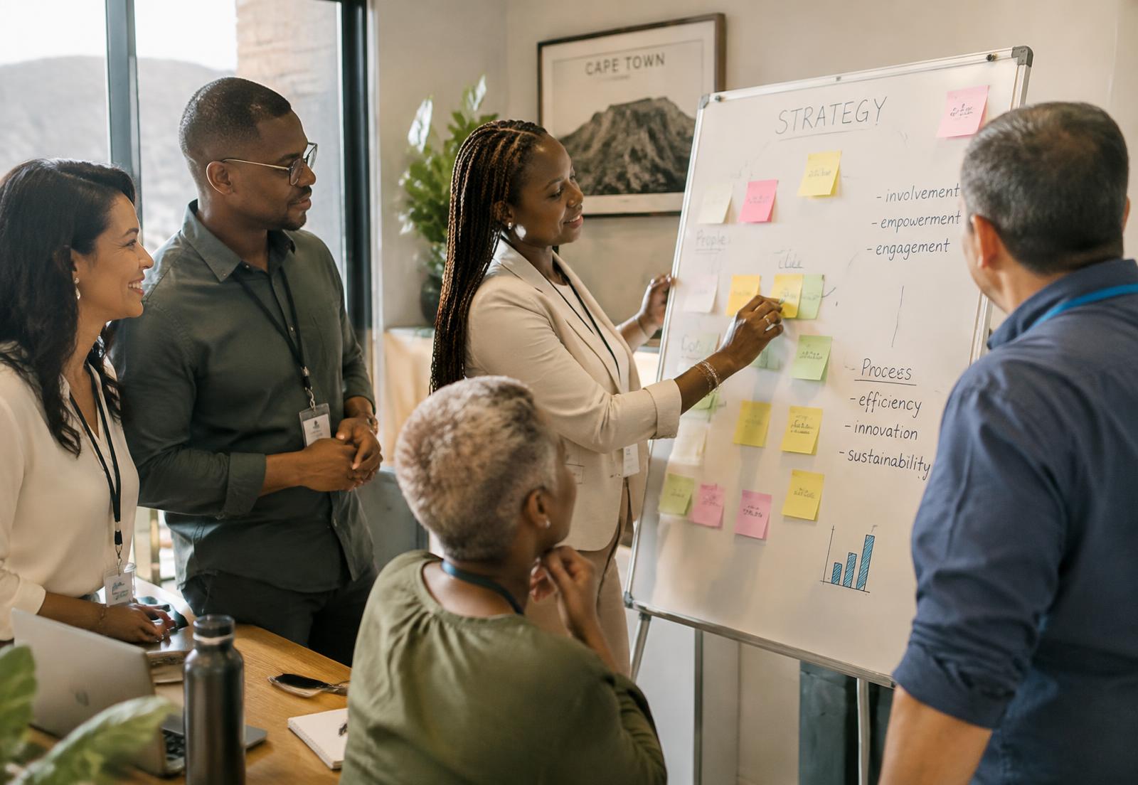 A diverse team mapping a workplace strategy on a whiteboard